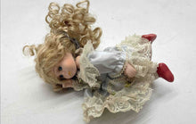 Load image into Gallery viewer, Collectible Victorian Style Blonde Hair Blue Porcelain Doll In Gray Lace Dress
