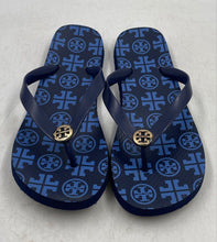 Load image into Gallery viewer, Authentic Tory Burch Womens Blue Monogram Slip-On Flip Flop Sandals Size 8
