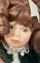 Load image into Gallery viewer, Collector Choice Girl In Green Brown Hair Dress Music Box Porcelain Doll
