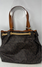 Load image into Gallery viewer, Michael Kors Womens Brown Monogram Leather Trim Tassel Bucket &amp; Drawstring Bag
