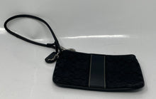 Load image into Gallery viewer, Coach Womens Black Signature Stripe Canvas Leather Trim Zip Top Wristlet Wallet
