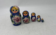 Load image into Gallery viewer, Blue Wooden Floral Hand Painted Russian Traditional Matryoshka Nesting Doll
