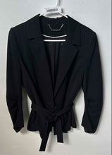 Load image into Gallery viewer, White Black Womens Black Long Sleeve Belted One-Button Blazer Size 10
