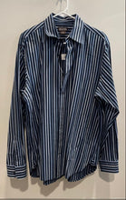 Load image into Gallery viewer, Michael Kors Mens Blue Striped Spread Collar Long Sleeve Button-Up Shirt Size L
