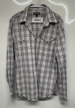 Load image into Gallery viewer, Express Mens Gray Plaid Print Long Sleeve Collared Button-Up Shirt Sz L 16-16.5
