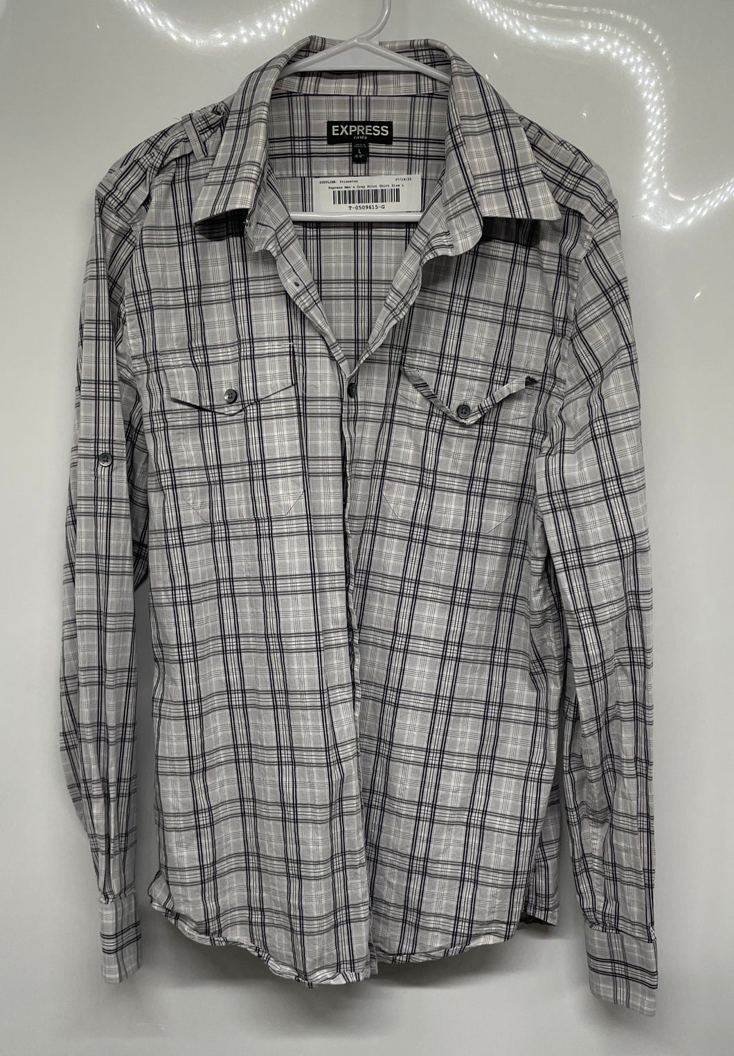 Express Mens Gray Plaid Print Long Sleeve Collared Button-Up Shirt Sz L 16-16.5