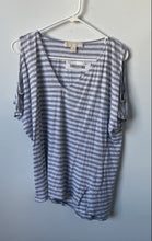 Load image into Gallery viewer, Michael Kors Womens White Gray Striped Cold Shoulder Sleeve Blouse Top Size L
