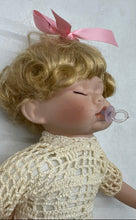 Load image into Gallery viewer, Pink Bow Crochet Dress Blonde Hair Pacifier Collectible Porcelain Doll
