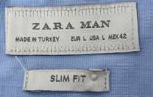 Load image into Gallery viewer, Zara Mens Blue Long Sleeve Slim Fit Collared Button-Up Shirt Size Large
