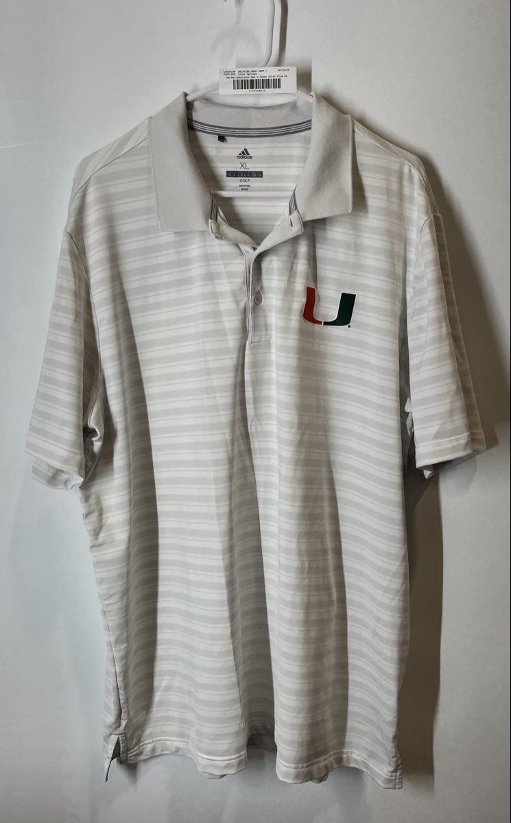 Adidas Mens White Striped Miami Hurricanes NCAA Golf Polo Shirt Size XL
