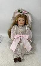 Load image into Gallery viewer, Vintage Brown Hair Green Eyes Porcelain Doll In Pink Victorian Dress With Hat
