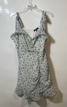 Load image into Gallery viewer, Lulus Womens Blue Floral Ruffle Sleeveless Tie-Strap Ruched Mini Dress Size L
