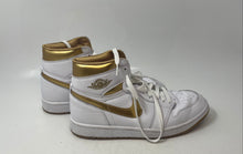 Load image into Gallery viewer, Nike Womens Air Jordan 1 Retro High OG White Gold Tone Sneaker Shoes Size 10
