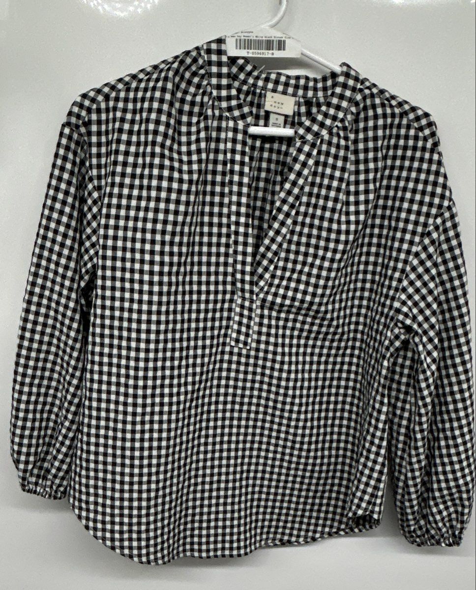 A New Day Womens White Black Gingham Long Sleeve Blouse Top Size Small