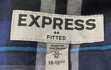 Load image into Gallery viewer, Express Mens Blue Plaid Cotton Long Sleeve Spread Collar Fitted Dress Shirt Sz M
