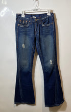 Load image into Gallery viewer, True Religion Womens Blue Denim Joey Distressed Flared Jeans Pants Size 27/33
