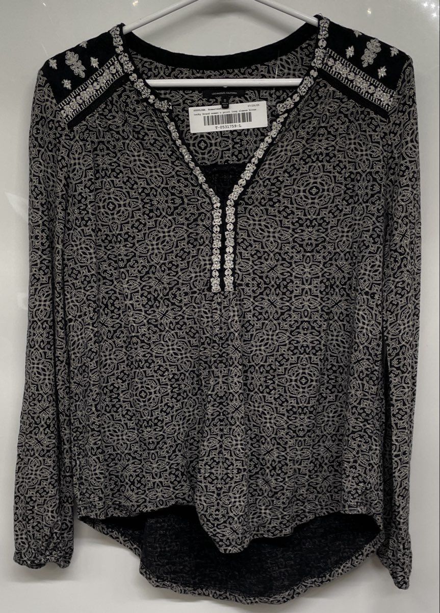 Lucky Brand Womens Gray Printed Embroidery Long Sleeve Blouse Top Size S