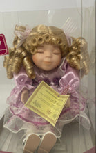 Load image into Gallery viewer, Gift Gallery Animated Wind Up Musical Purple Dress Curly Hair Porcelain Doll
