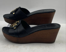 Load image into Gallery viewer, Authentic Tory Burch Womens Black Leather Wedge Heel Slide Sandals Sz 8M Damaged
