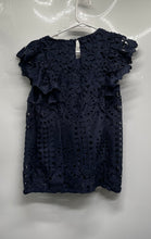 Load image into Gallery viewer, Express Womens Dark Blue Eyelet Lace Flutter Sleeve Crew Neck Blouse Top Size S
