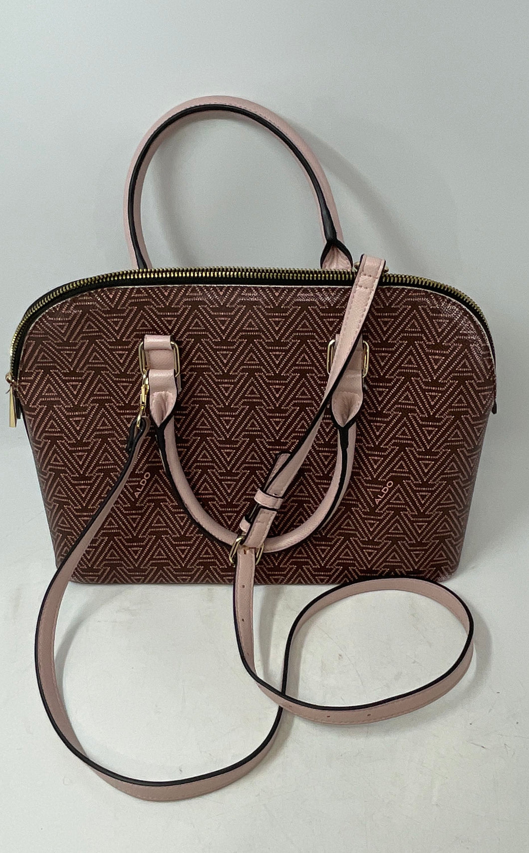 Aldo Womens Galilini Brown Pink Signature Print Double Handle Satchel Handbag