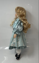 Load image into Gallery viewer, Blonde Curly Hair Green Eyes Vintage Style Rachel Porcelain Doll In Blue Outfit
