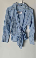 Load image into Gallery viewer, Zara Womens Light Blue Striped Long Sleeve Collared Wrap Blouse Top Size S
