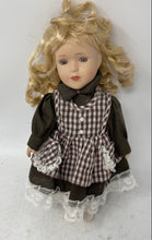 Load image into Gallery viewer, Blonde Curly Hair Brown Eyes Porcelain Doll In Removable Multicolor Dress
