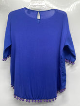Load image into Gallery viewer, French Connection Womens Blue Short Sleeve Pom-Pom Trim Blouse Top Size XS
