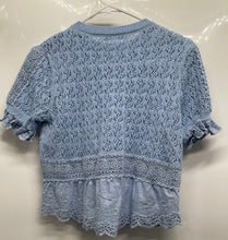 Load image into Gallery viewer, Zara Womens Blue Knit Lace Short Sleeve Scalloped Hem Blouse Top Size S
