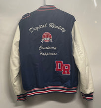 Load image into Gallery viewer, Zara Mens Blue And White Long Sleeve Letterman Patch Bomber Jacket Size L
