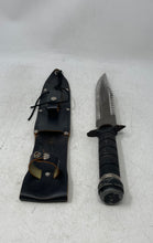 Load image into Gallery viewer, Fixed Blade Serrated Sawtooth Spine Survival Knife In Cowboy Type Sheath Case
