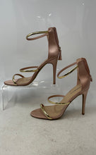 Load image into Gallery viewer, Bebe Womens Berdine Pink Gold Zipper Open Toe Stiletto Strappy Heels Size 9
