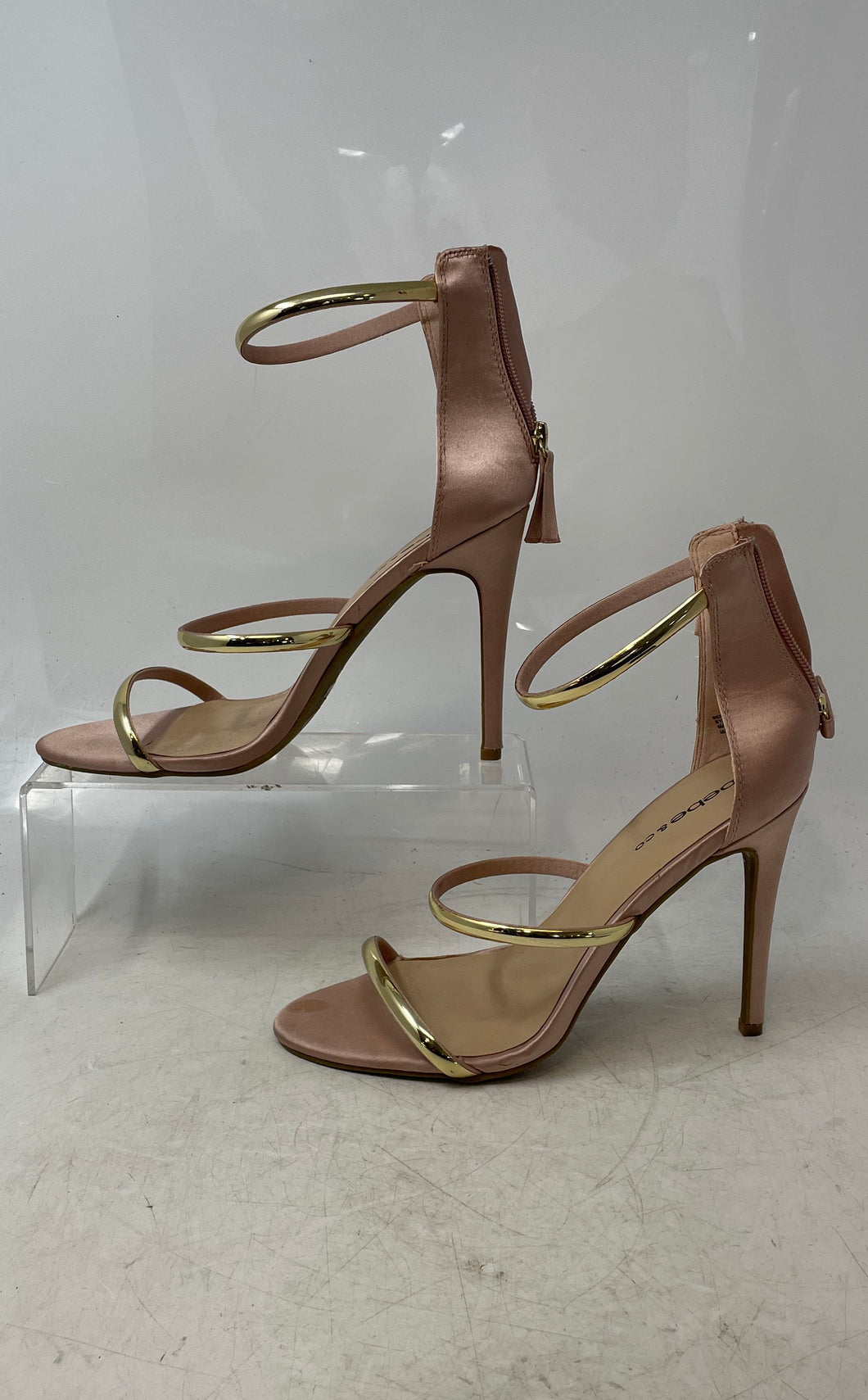 Bebe Womens Berdine Pink Gold Zipper Open Toe Stiletto Strappy Heels Size 9