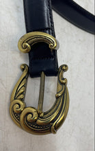 Load image into Gallery viewer, Talbots Womens Blue Genuine Leather Gold-Tone Ornate Buckle Dress Belt
