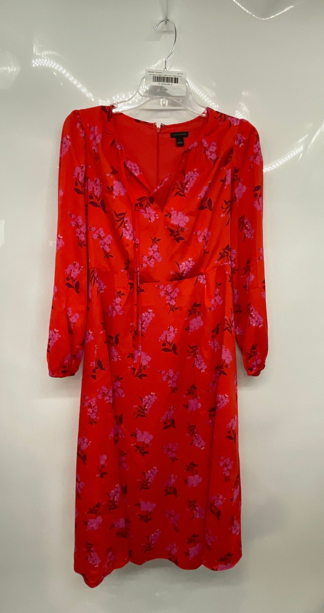 Ann Taylor Womens Red Floral Long Sleeve Tie Neck Midi A-Line Dress Size 0