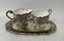 Load image into Gallery viewer, Vintage Lot Of 3 Silver-Tone And White Enamel Sugar Bowl Creamer w/ Serving Tray
