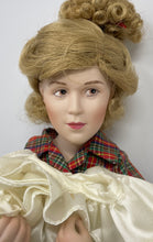 Load image into Gallery viewer, Plaid Shirt White Skirt Blonde Curly Hair Blue Jeans Porcelain Fashion Doll
