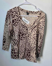 Load image into Gallery viewer, Ann Taylor Womens Beige Brown Animal Print 3/4 Sleeve Pullover Blouse Top Sz LP
