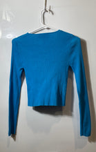 Load image into Gallery viewer, Zara Womens Blue Ribbed Cross Knot Long Sleeve Cropped Blouse Top Size Small
