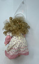 Load image into Gallery viewer, Vintage Blonde Curly Hair Green Eyes Porcelain Girl Doll In Cotton Floral Dress
