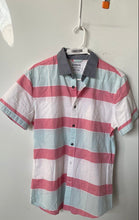 Load image into Gallery viewer, Express Mens White Pink Green Striped Cotton Short Sleeve Button-Up Shirt Size S

