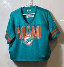 Load image into Gallery viewer, CSA Womens Blue NFL Miami Dolphins Short Sleeve V-Neck Cropped T-Shirt Size L
