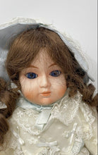 Load image into Gallery viewer, Vintage Blue Eyes Brown Hair Lace Dress With Hat Collectible Porcelain Girl Doll
