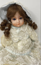 Load image into Gallery viewer, Vintage Blue Eyes Brown Hair Lace Dress With Hat Collectible Porcelain Girl Doll
