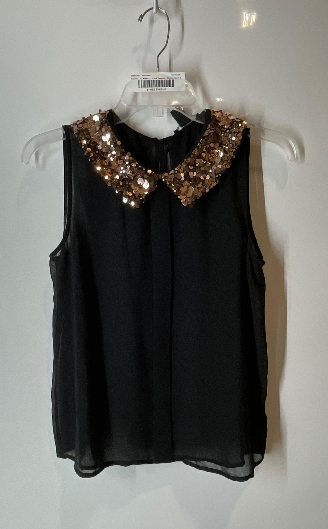 Forever 21 Womens Black Sequin Peter Pan Collar Keyhole Blouse Top Size S