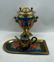 Load image into Gallery viewer, Multicolor Floral And Gold Metal Tray &amp; Teapot Set Collectible Not Tested
