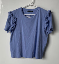 Load image into Gallery viewer, Zara Womens Blue Short Sleeve Ruffle Crew Neck Pullover Cropped T-Shirt Size L
