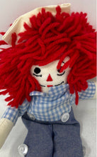 Load image into Gallery viewer, Aurora Red Yarn Hair Handmade Raggedy Andy Cloth Doll With Blue Floral Outfit
