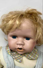Load image into Gallery viewer, Blonde Hair Blue Eyes Decorative Porcelain Baby Doll With Plaid Overalls Outfit

